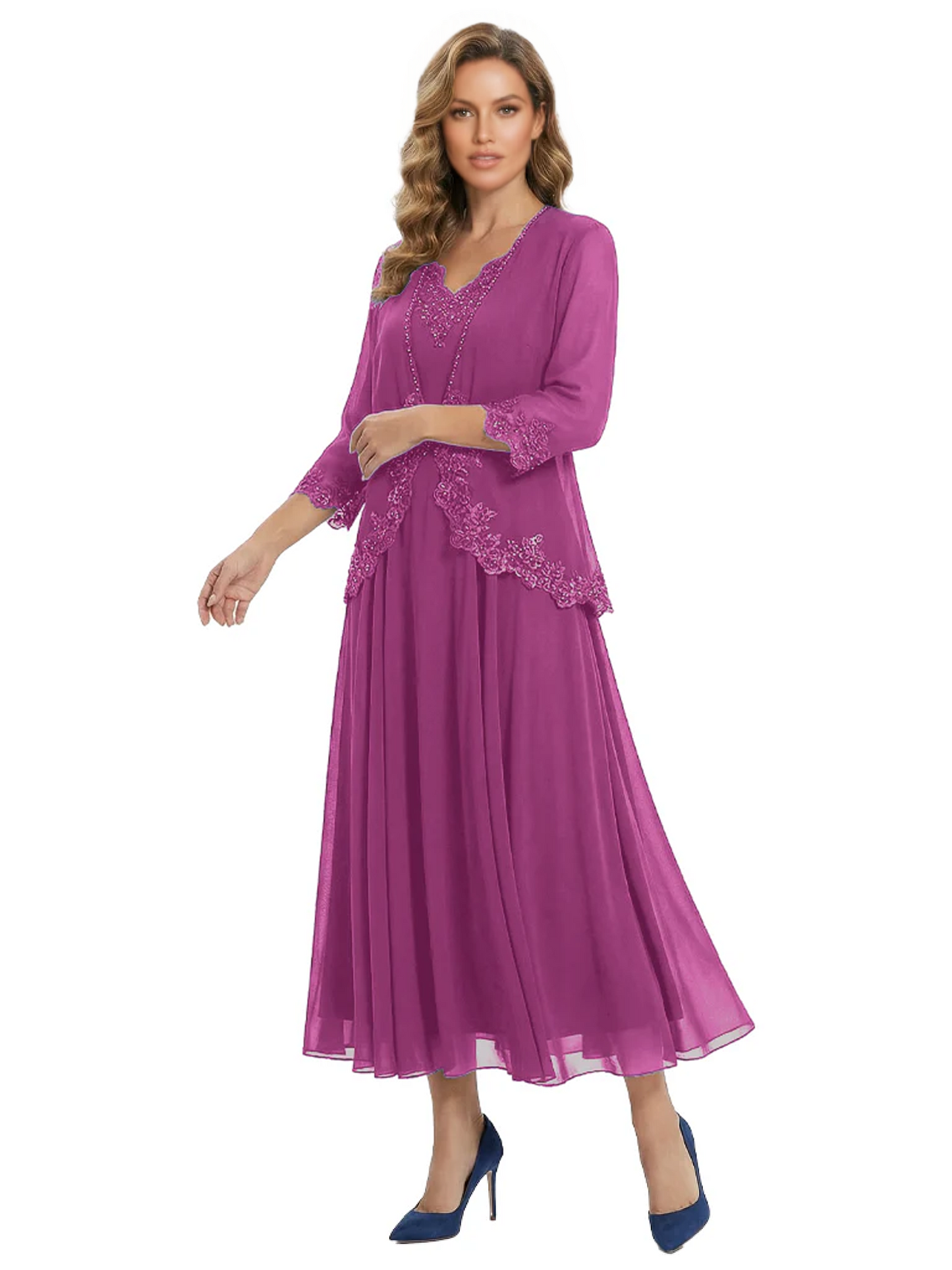 3/4 Sleeve Chiffon Mother of the Brides Dresses V-Neck Wedding Party Gowns