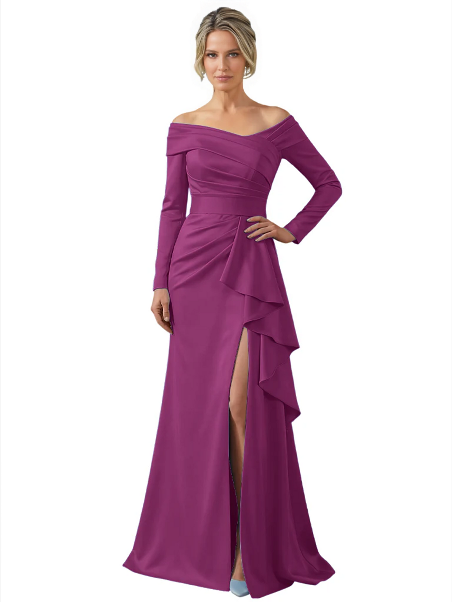 Elegant Mother of the Groom Dress Cascading Ruffle Satin Gown with High Slit Long Sleeves