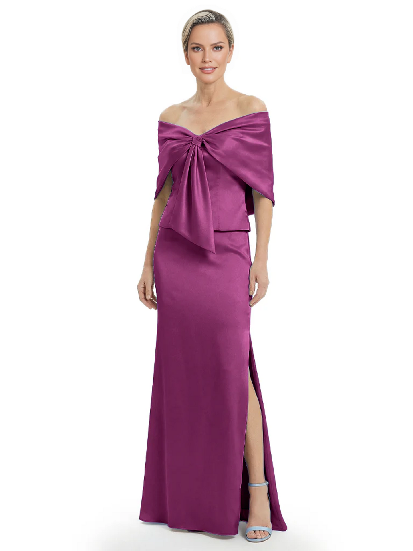 Formal Floor-Length Mother of the Bride Gown Satin Maxi Dress with Bow Neckline