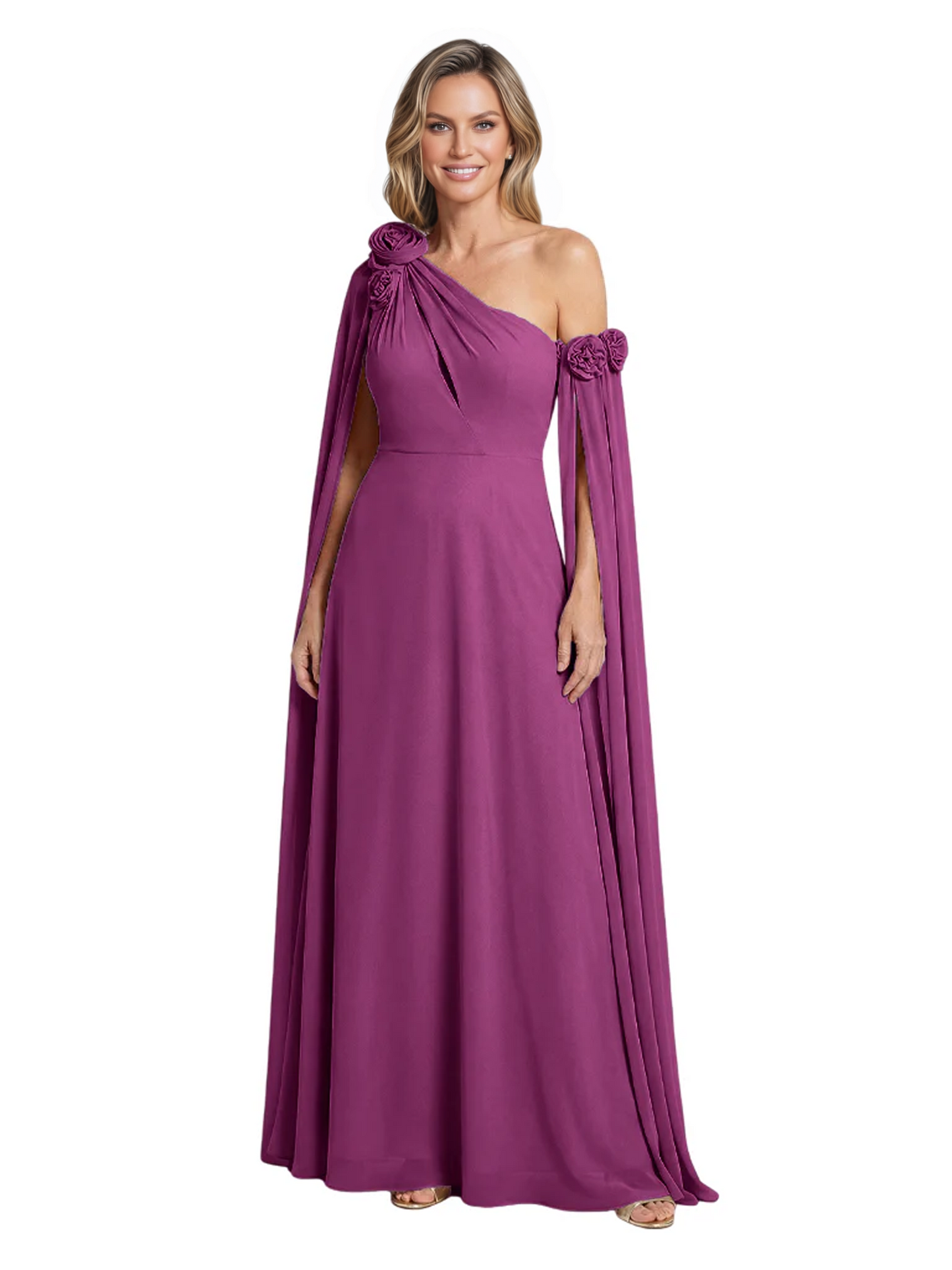 One Shoulder Mother of the Bride Dress Asymmetrical Cape Sleeve Gown with Floral