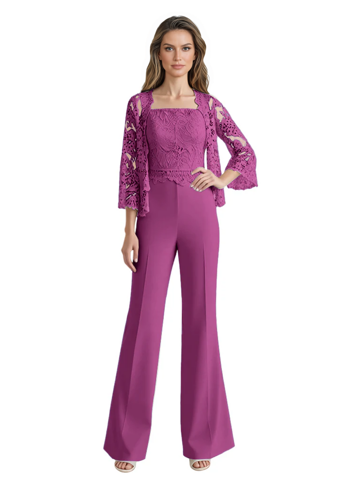 Mother of the Bride Jumpsuit with Lace Jacket 3/4 Sleeve Formal Pant Suit