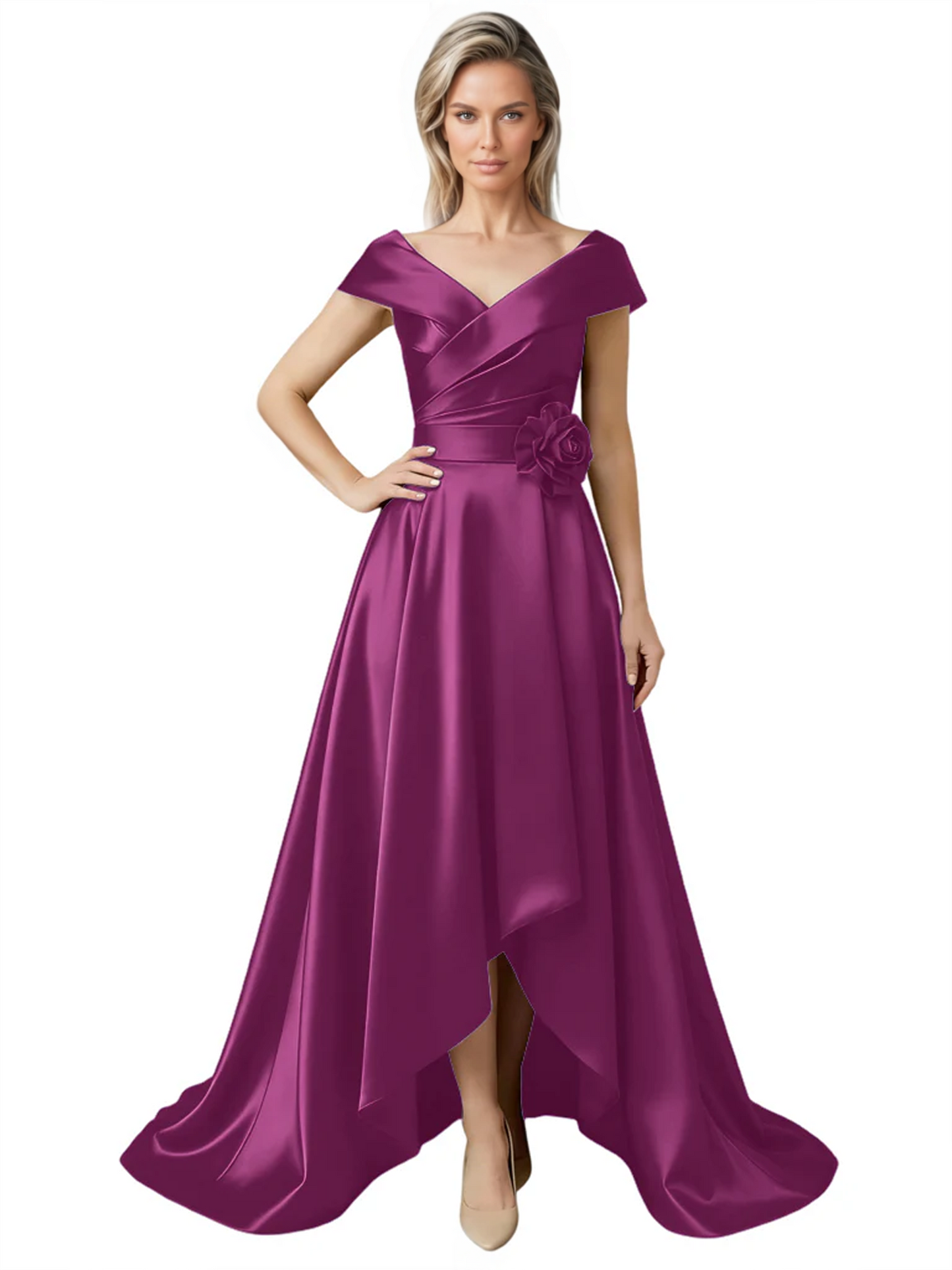 Off Shoulder Mother of the Bride Dress High-Low Satin Gown with Portrait Neckline