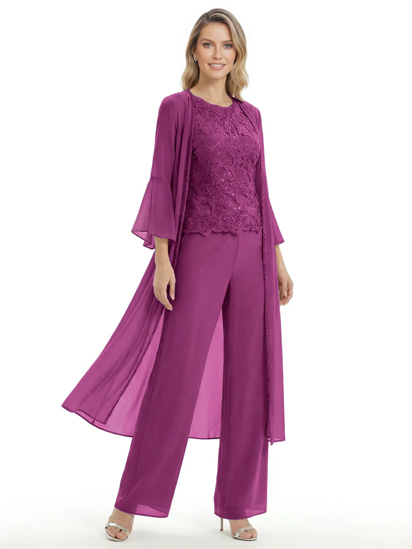 Elegant Pink 3-Piece Pant Set Trending 2026 Styles with Lace Wide-Leg Pants