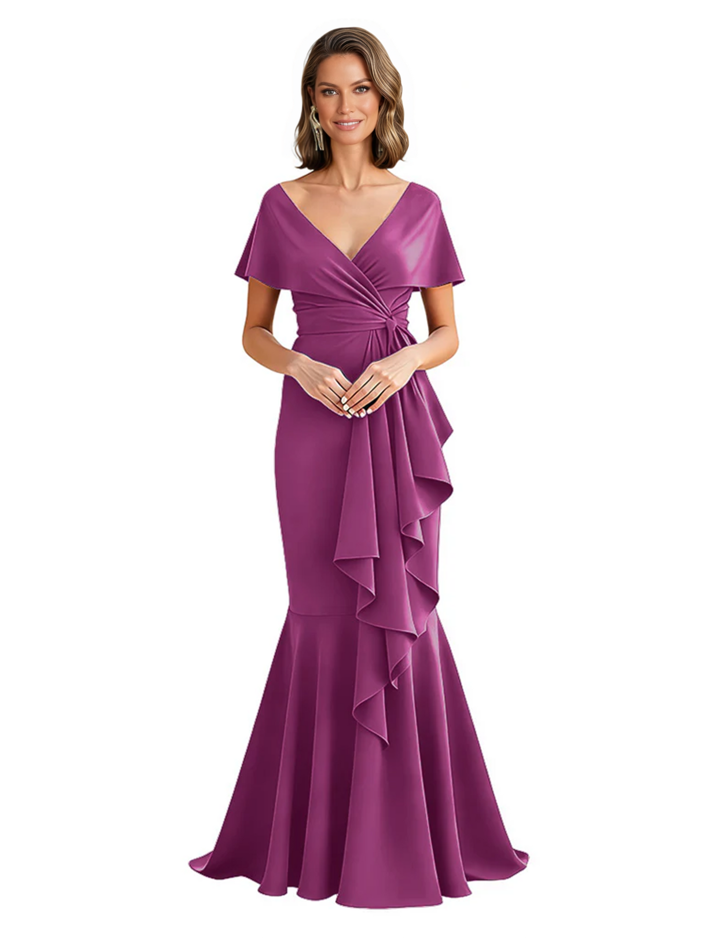 Satin Mother of the Bride Dress with Cascading Ruffles and Mermaid Tail V-Neck