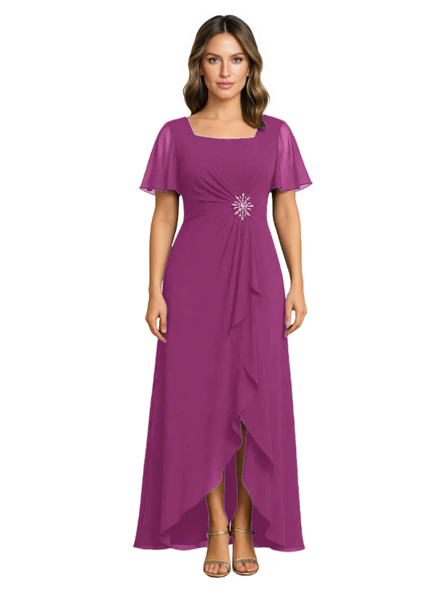Formal High-Low Mother of the Bride Gown Sleeved Chiffon Maxi Dress Ruched Waist