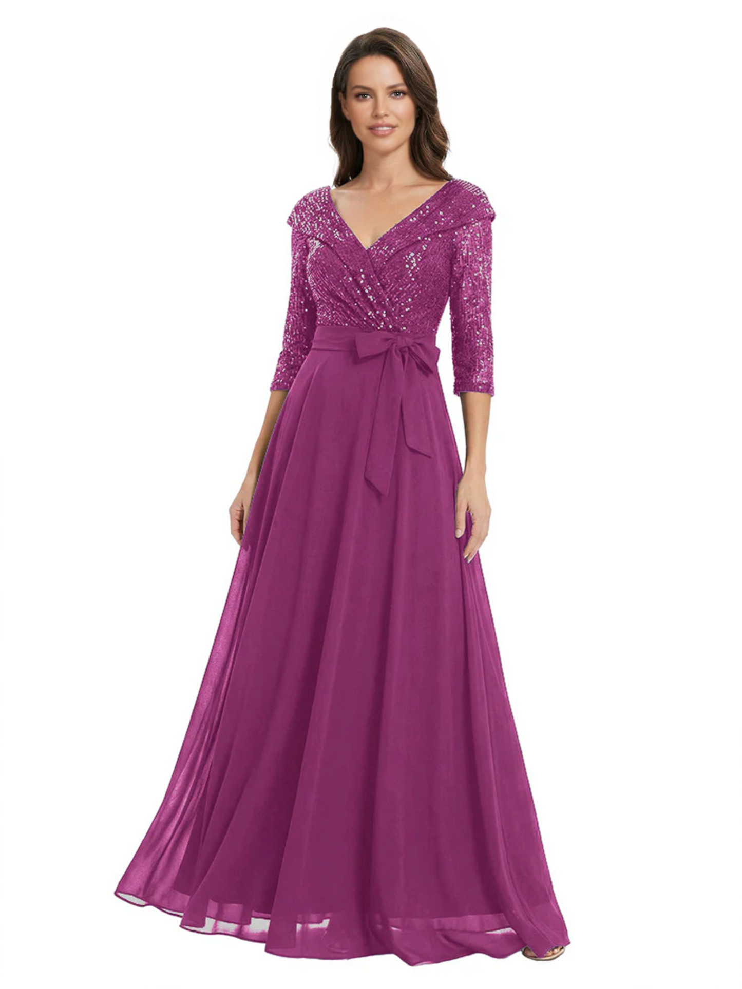 Chiffon Mother of the Bride Dress with Sequin V-Neck and Elegant Bow Sash