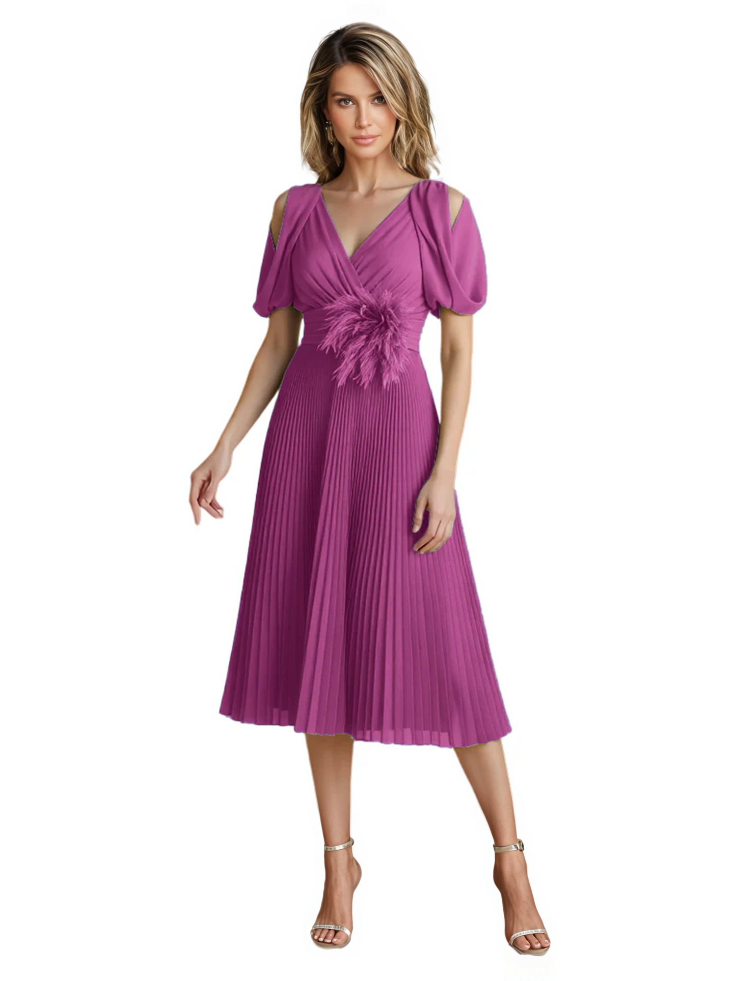Wedding Formal Dress V-Neck Pleated Chiffon Gown with 3D Flower Accent Knee Length
