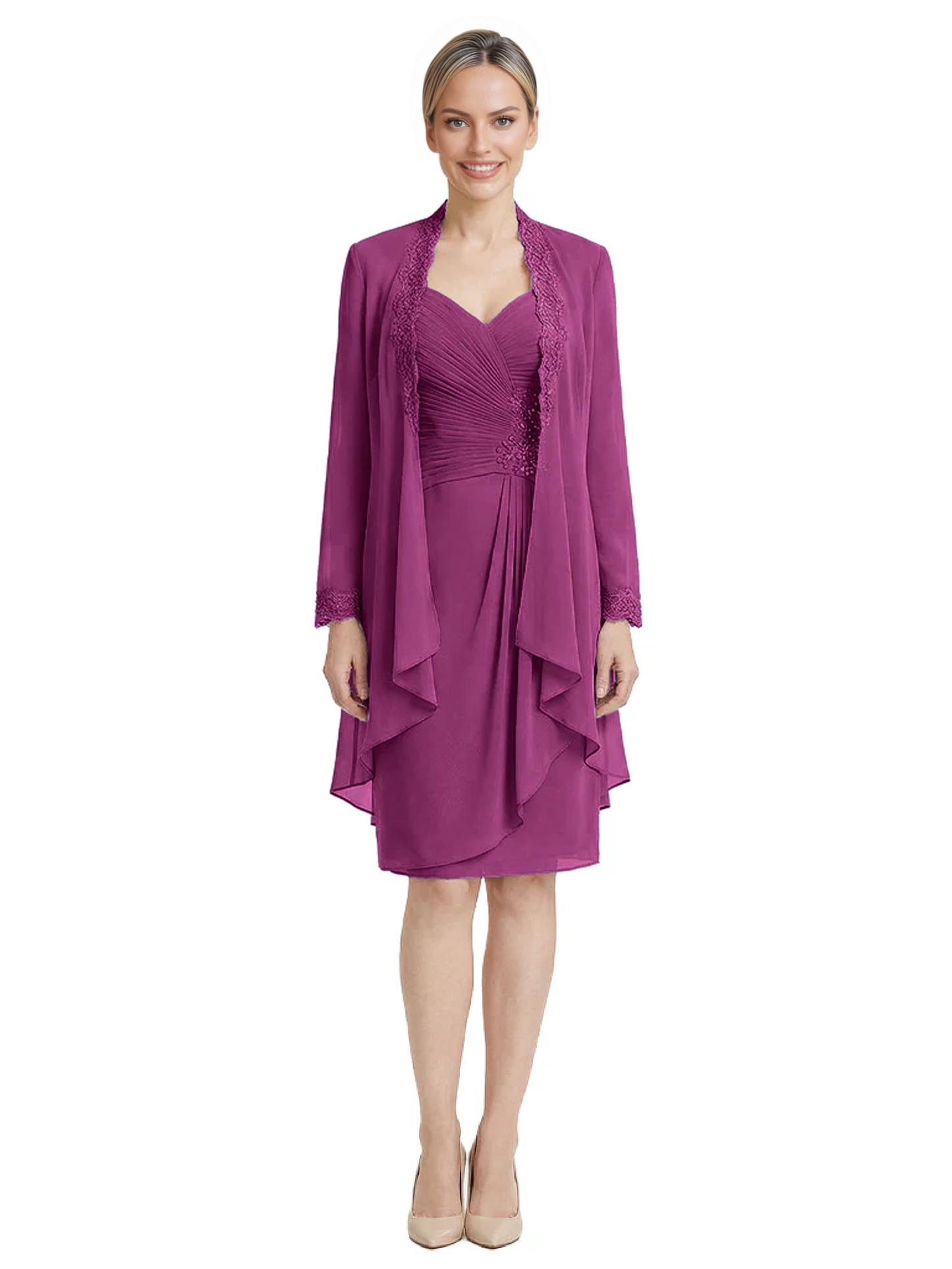 2PCS Knee Length Chiffon Mother of the Brides Dresses Short V-Neck