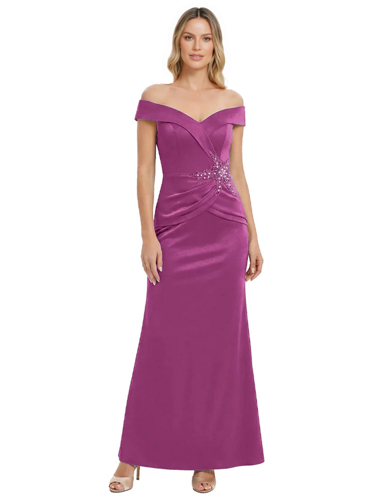 Off Shoulder Mother of the Bride Dress Beaded Waist Satin Gown Portrait Neckline