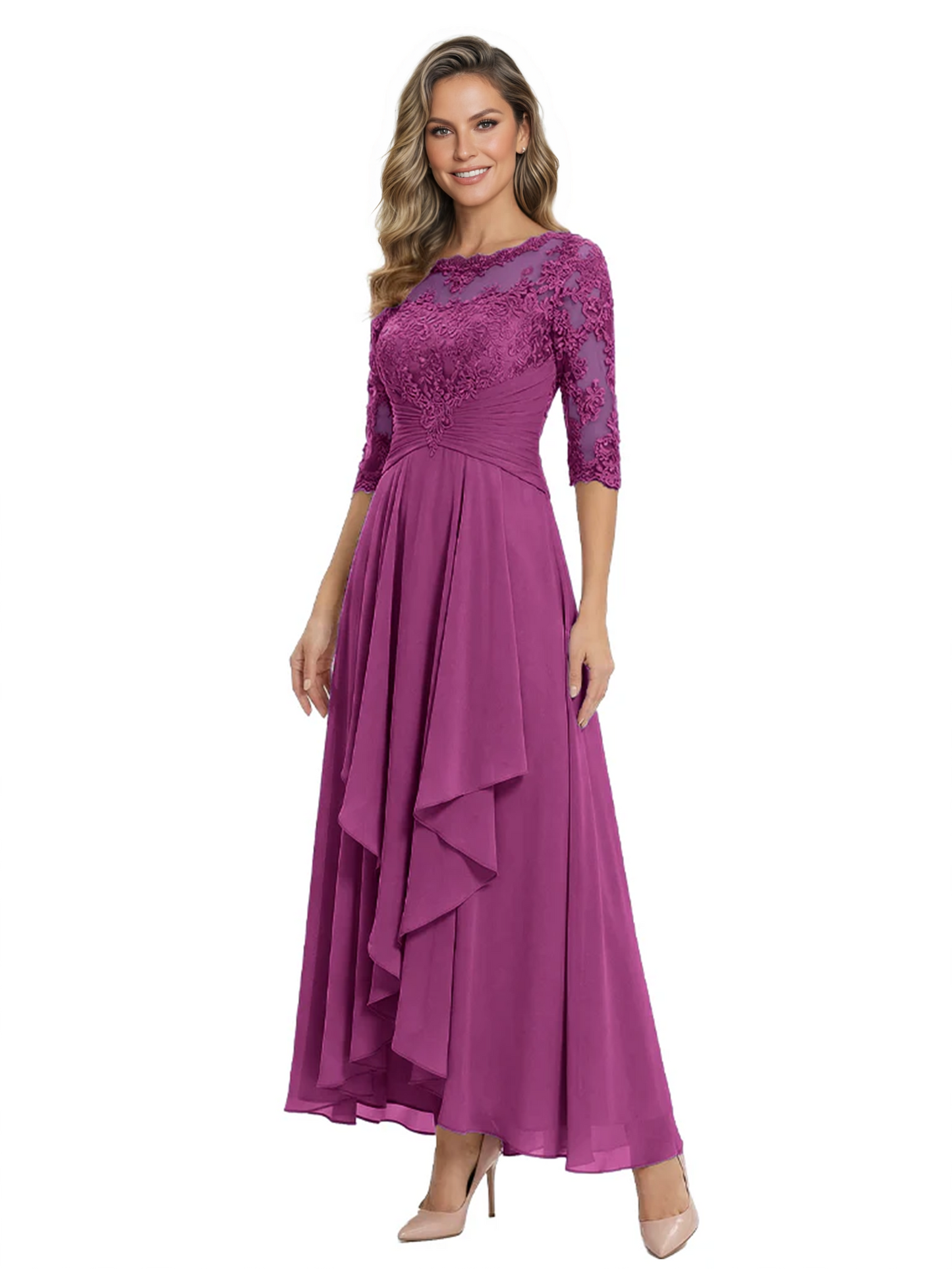 3/4 Sleeve Mother of the Bride Dress with Lace Embroidery High-Low Hem 2026