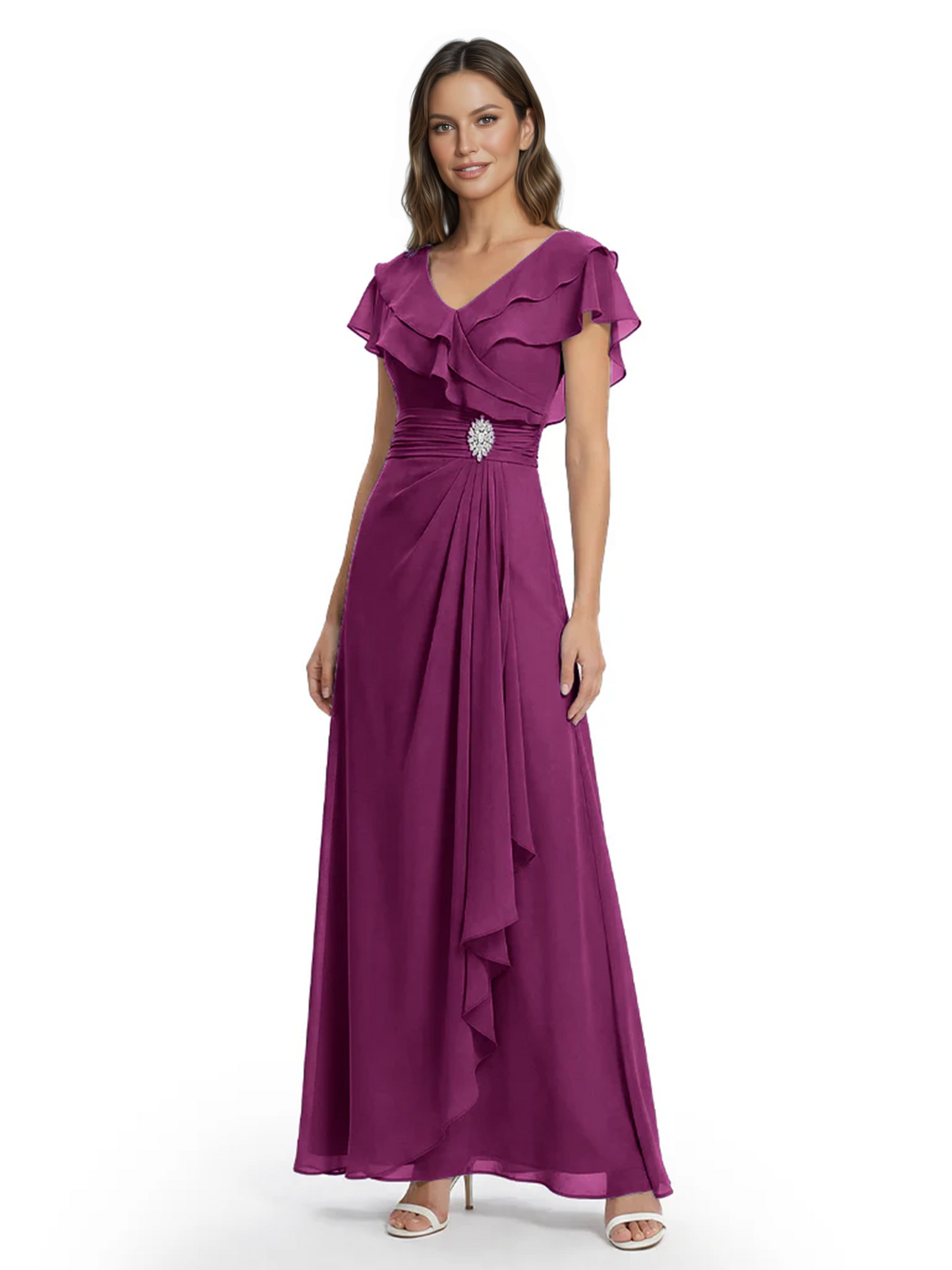 Elegant Mother of the Groom Dress Cascading Ruffle Chiffon Formal Gown Rhinestone