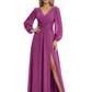 A-Line Mother of Bride Dress V-Neck Chiffon Gown Long Sleeves Slit Formal Dress