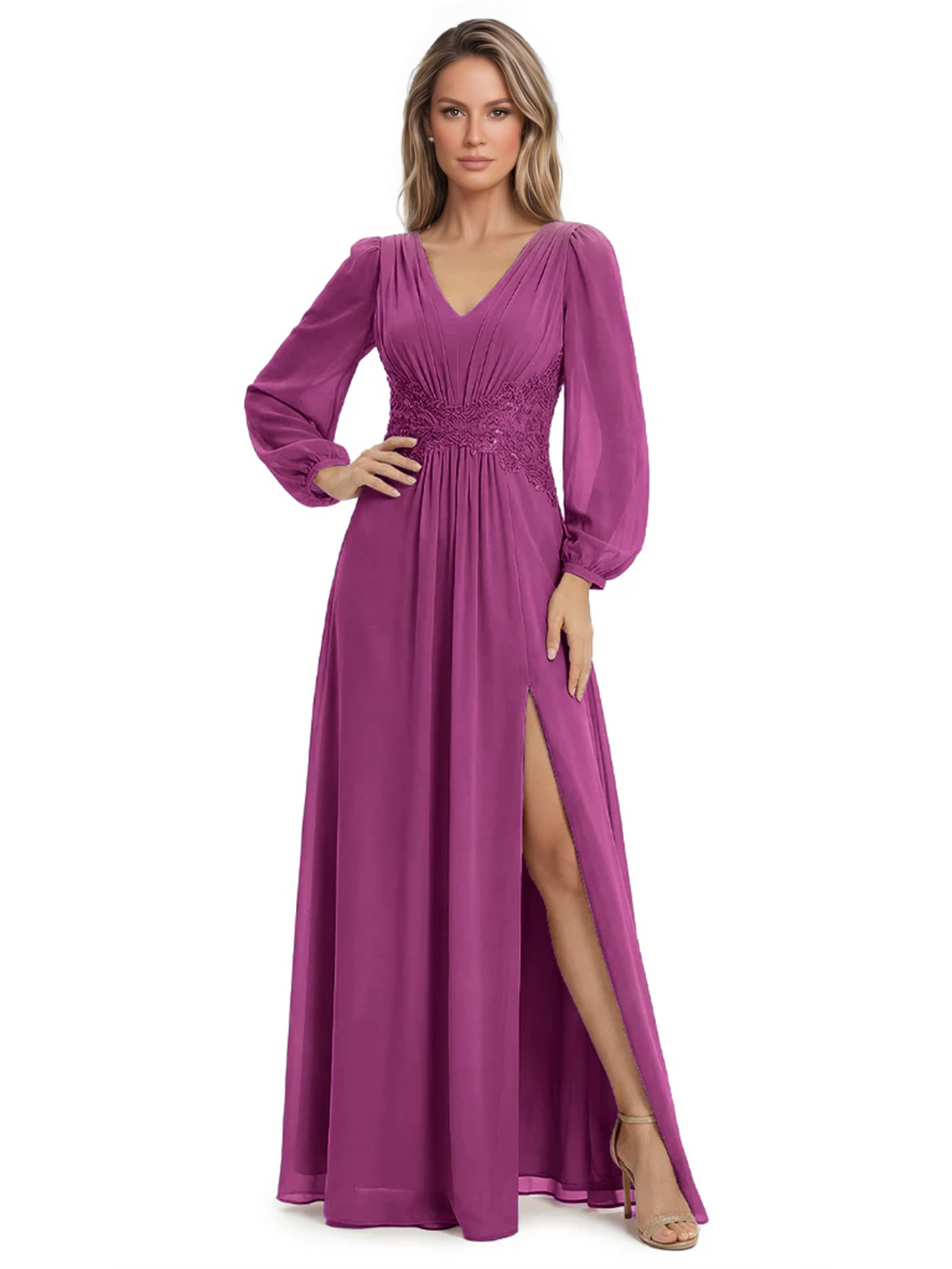 A-Line Mother of Bride Dress V-Neck Chiffon Gown Long Sleeves Slit Formal Dress