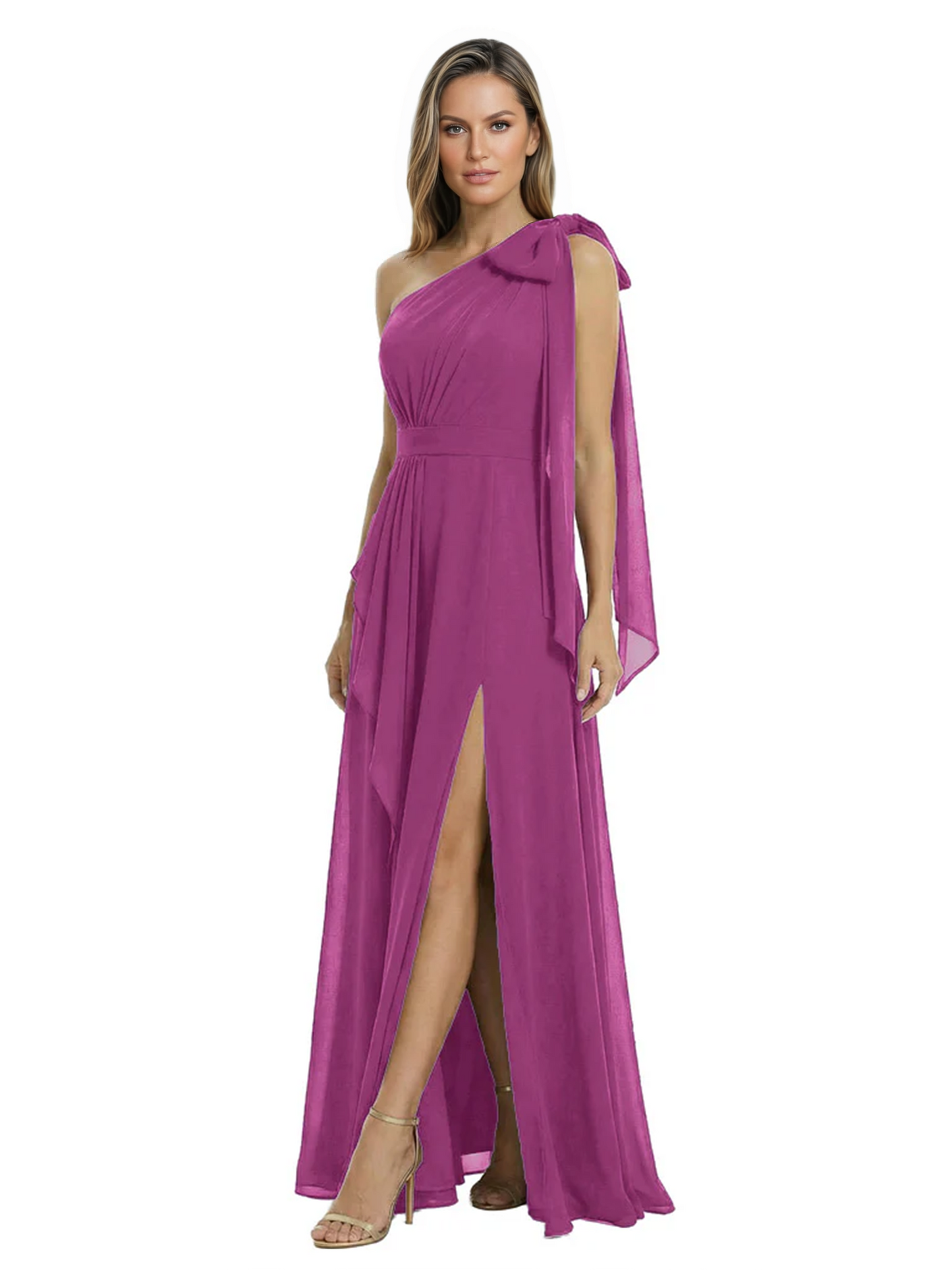 One-Shoulder Mother of the Bride Dress Chiffon Gown with Long Sash Detail