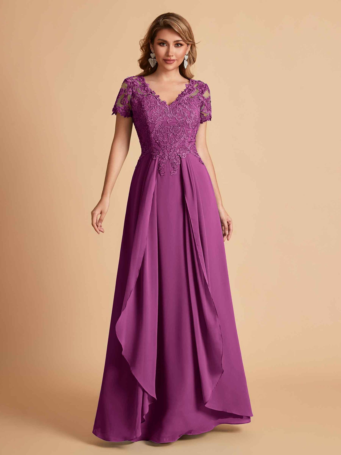 Elegant A-Line Chiffon Short Sleeves V-neck Mother of the Brides Dresses Lace Top MOB Dresses
