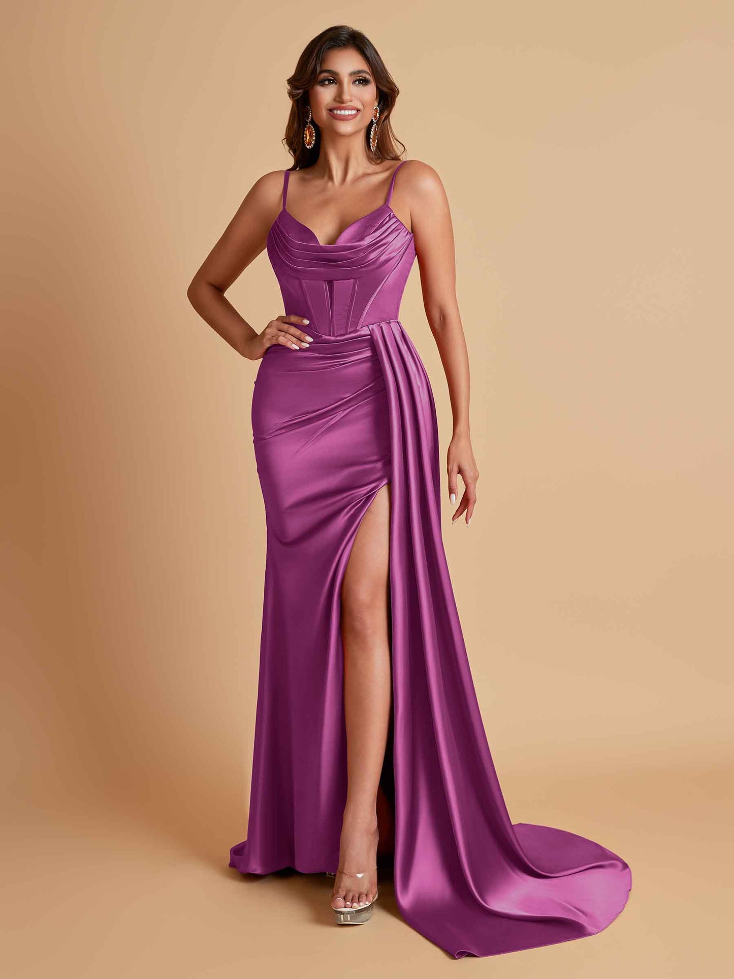Sexy Soft Satin V-neck Spaghetti Strap Side-Slit Mermaid Bridesmaid Dresses