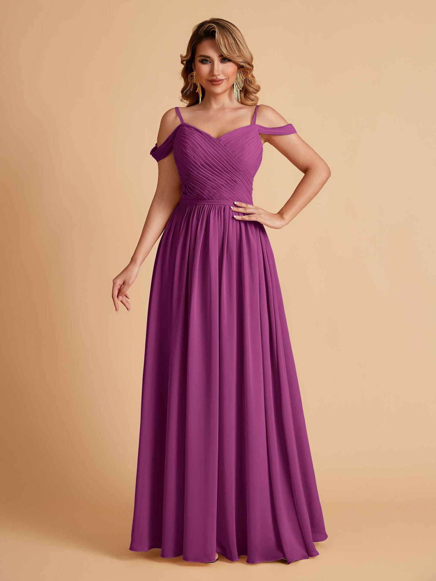 Elegant A-line Chiffon Off The Shoulder V-Neck Bridesmaid Dresses Online