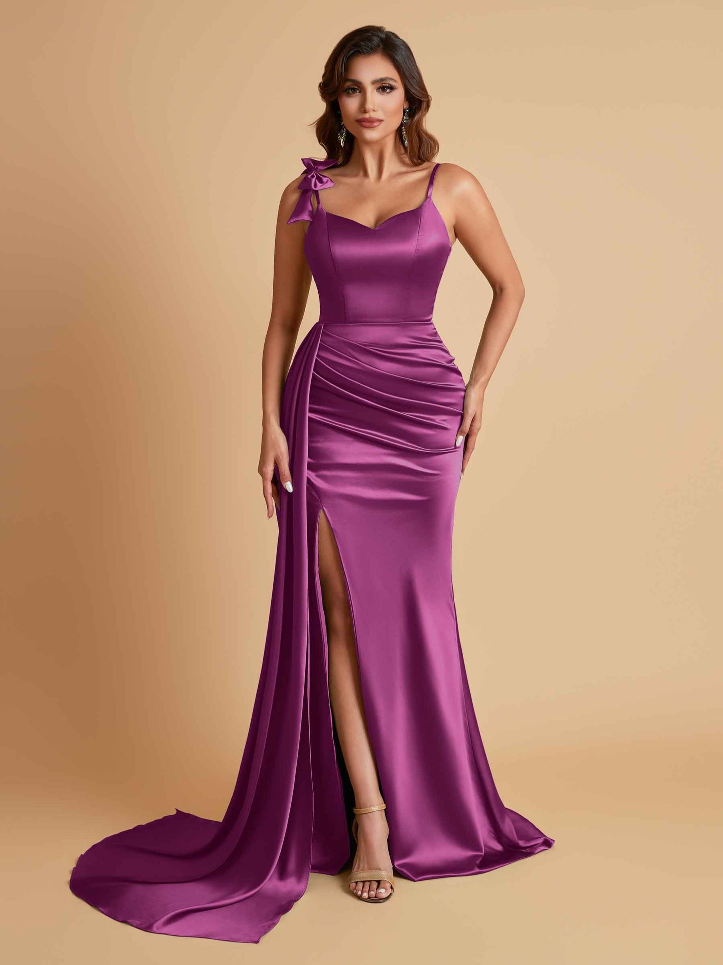Elegant Soft Satin Mermaid Bowknot Floor-Length Mermaid Bridesmaid Dresses