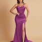 Sexy Spaghetti Straps V Neck Soft Satin Side Slit Floor-Length Mermaid Bridesmaid Dresses