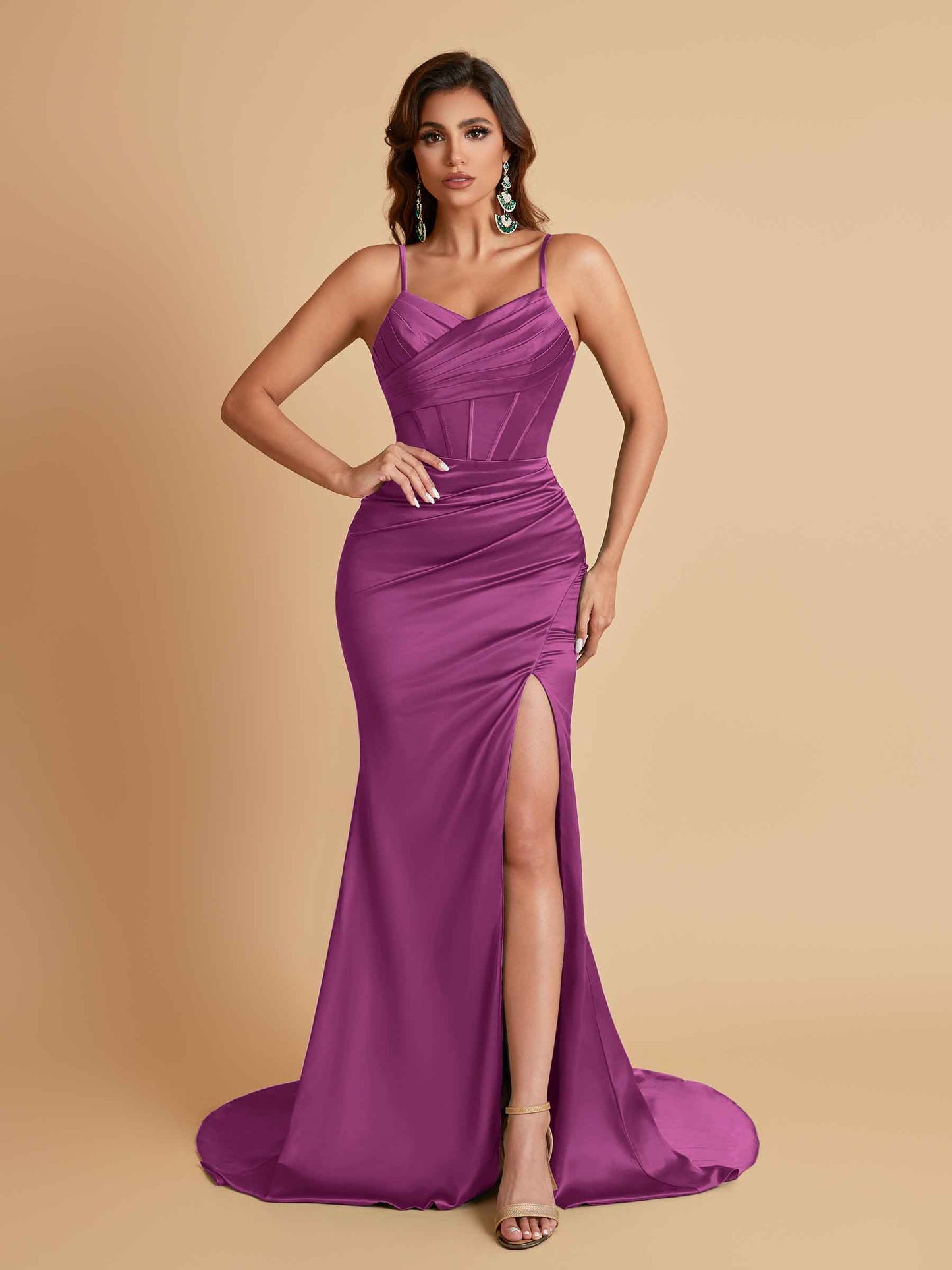 Sexy Spaghetti Straps V Neck Soft Satin Side Slit Floor-Length Mermaid Bridesmaid Dresses