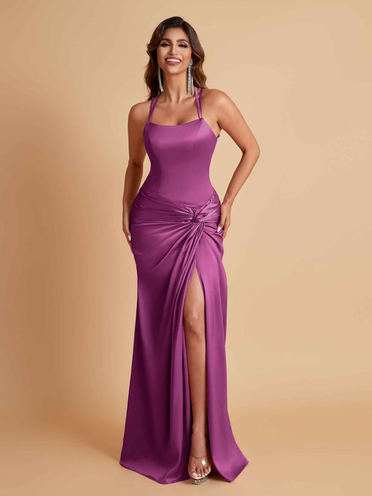 Gorgeous Square Criss Cross Soft Satin Side Slit Floor-Length Mermaid Bridesmaid Dresses