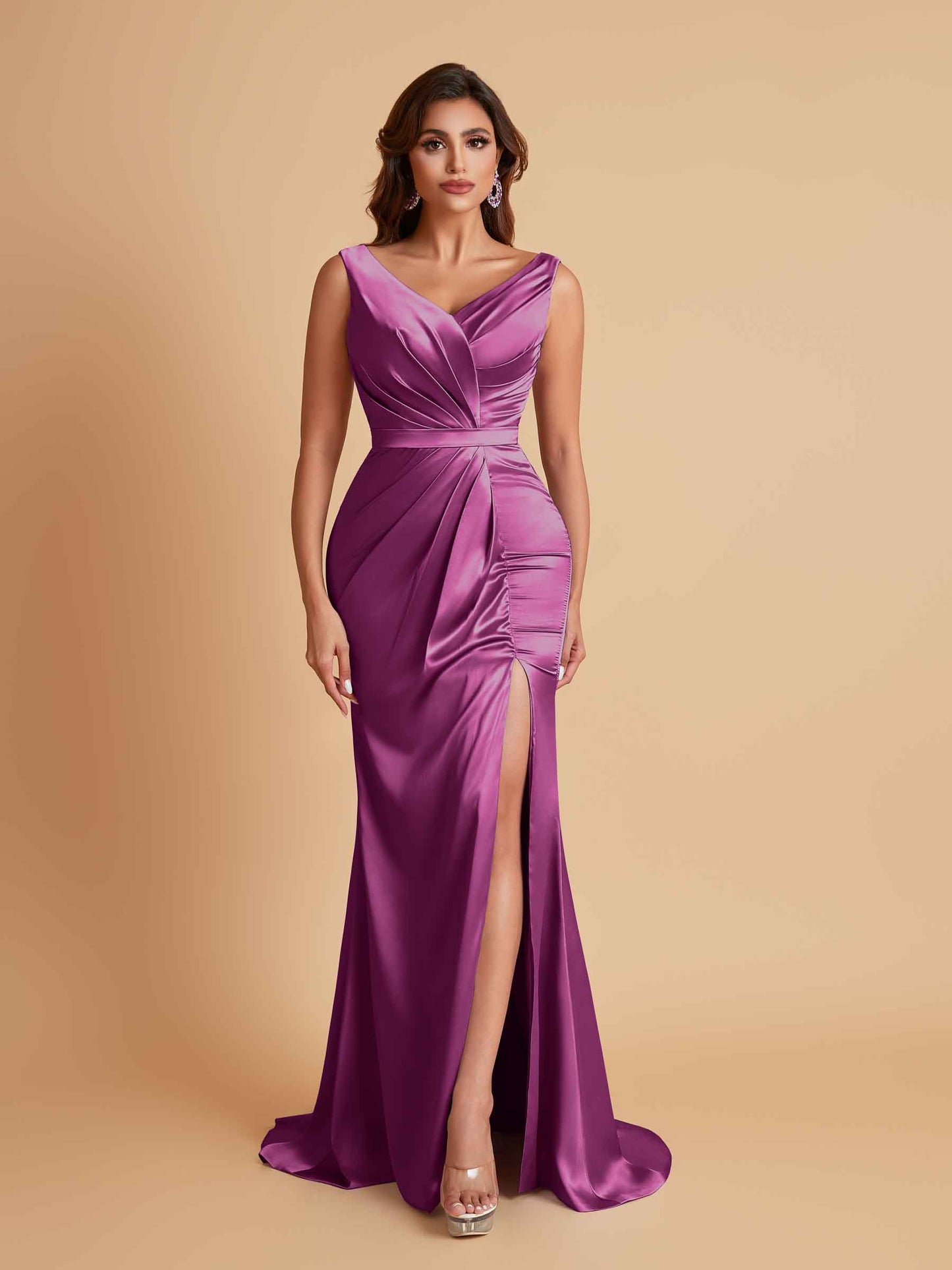 Elegant V Neck Soft Satin Side Slit Floor-Length Mermaid Bridesmaid Dresses