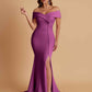 Elegant Soft Satin Mermaid Off Shoulder Side Slit Floor-Length Bridesmaid Dresses