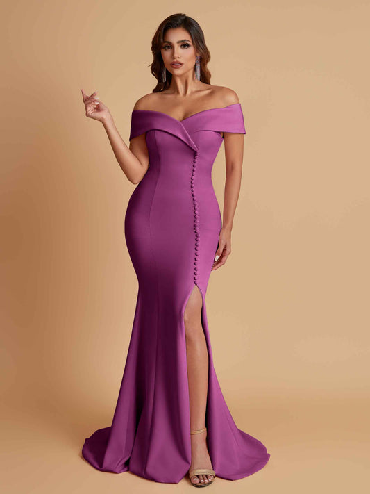 Elegant Soft Satin Mermaid Off Shoulder Side Slit Floor-Length Bridesmaid Dresses