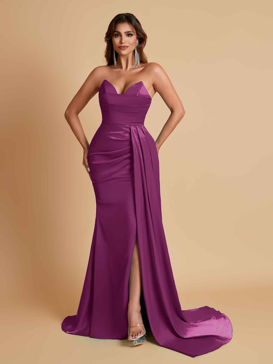 Gorgeous Strapless Soft Satin Side Slit Floor-Length Mermaid Bridesmaid Dresses