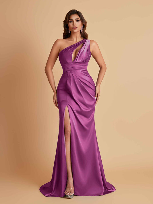 Sexy One Shoulder Soft Satin Side Slit Floor-Length Mermaid Bridesmaid Dresses