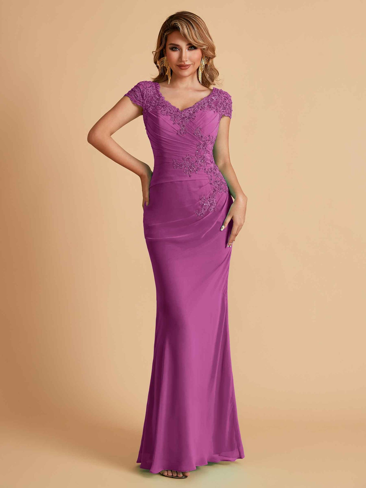 Elegant Mermaid Chiffon Cap Sleeves V-Neck Mother of the Brides Dresses Online