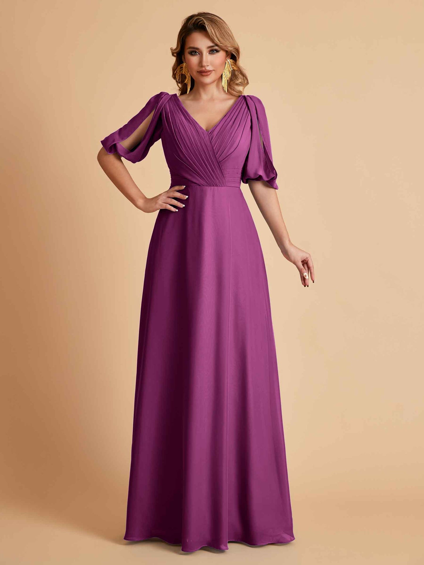 Elegant A-Line Chiffon Half Sleeves V-Neck Mother of the Brides Dresses Online