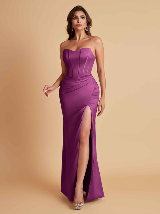 Sexy Strapless Soft Satin Side Slit Floor-Length Mermaid Bridesmaid Dresses