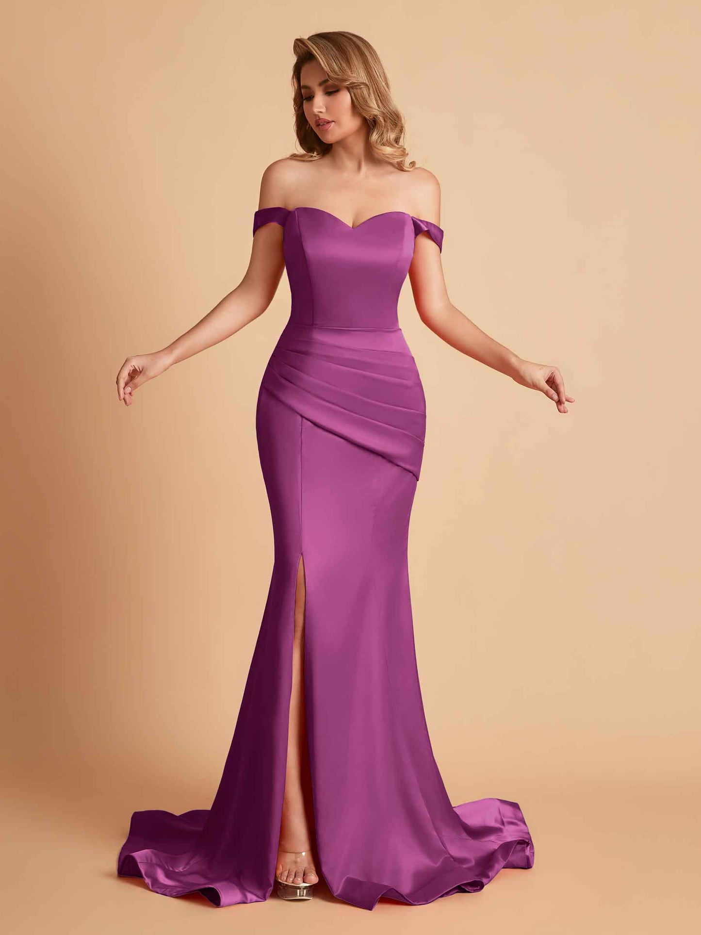 Elegant Satin Off the Shoulder Mermaid Side Slit Floor Length Bridesmaid Dresses