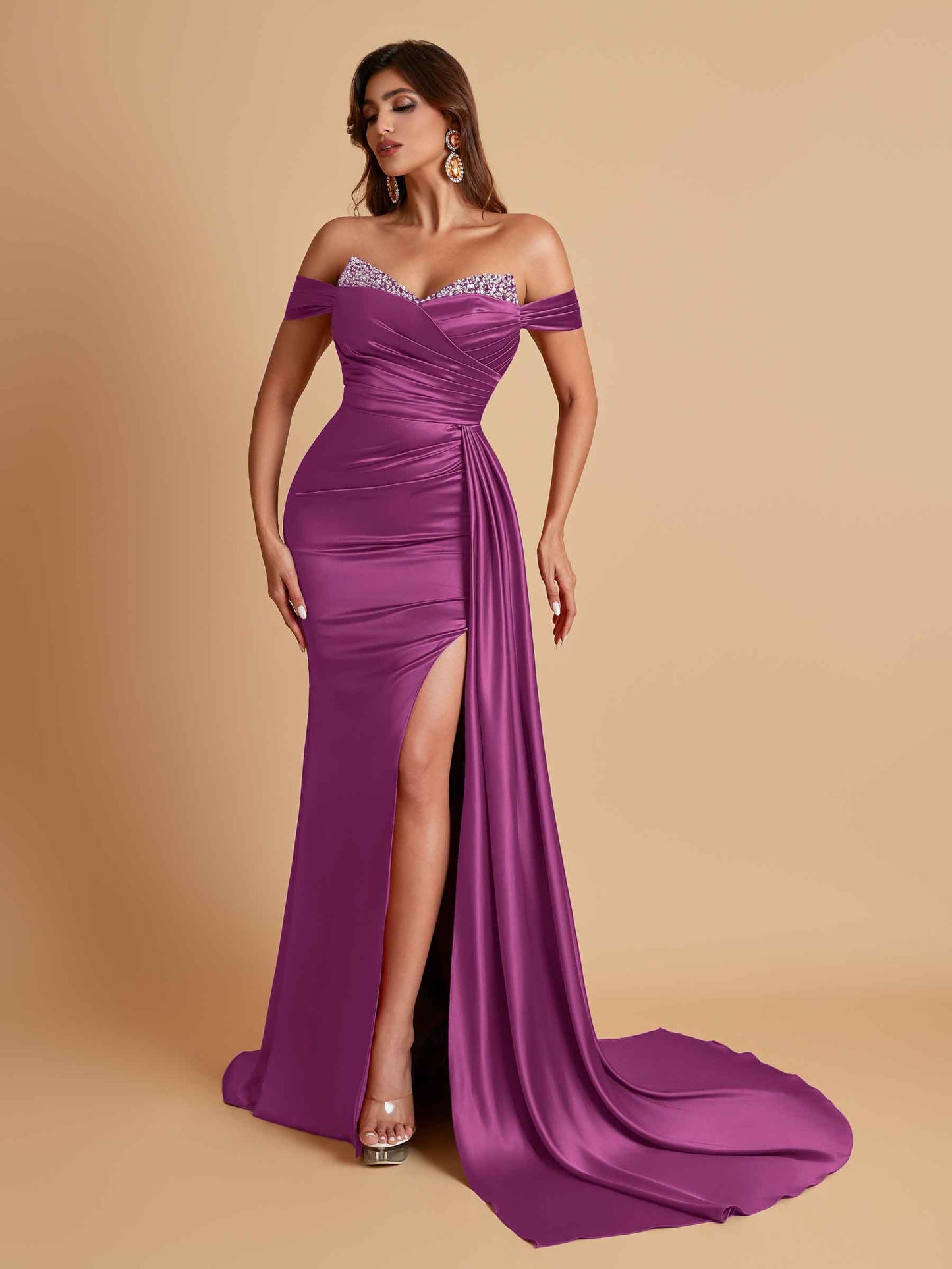 Gorgeous Soft Satin V-neck Off-the-Shoulder Side-Slit Mermaid Bridesmaid Dresses