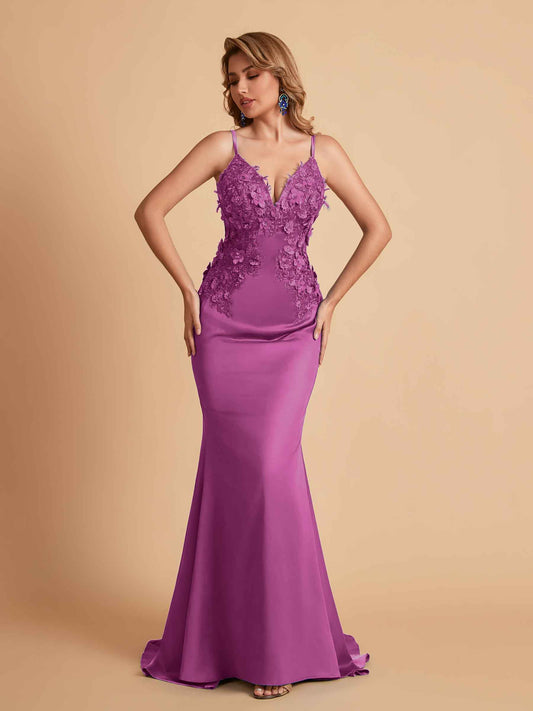 Sexy Satin Spaghetti Straps V-neck Mermaid Floor Length Applique Bridesmaid Dresses