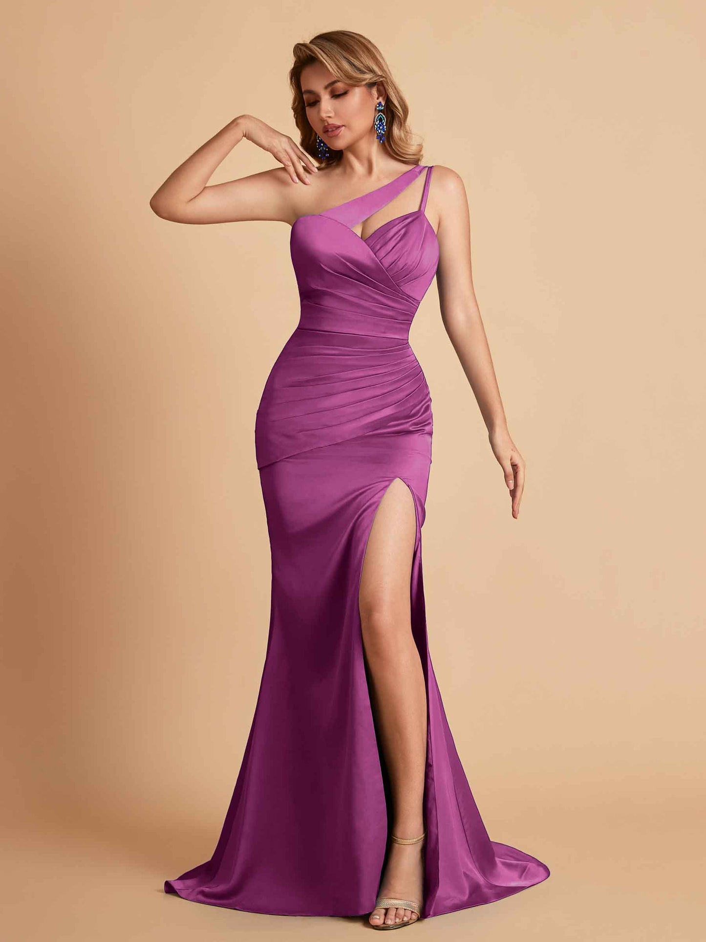Elegant Satin One Shoulder Mermaid Side Slit Floor Length Bridesmaid Dresses