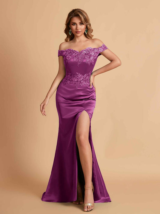 Elegant Satin Off Shoulder Mermaid Side Slit Floor Length Bridesmaid Dresses