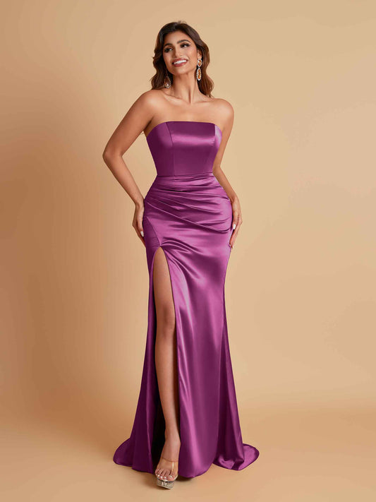 Elegant Soft Satin Strapless Split Side Mermaid Bridesmaid Dresses
