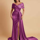 Elegant Soft Satin V-neck Off-the-Shoulder Side-Slit Mermaid Bridesmaid Dresses