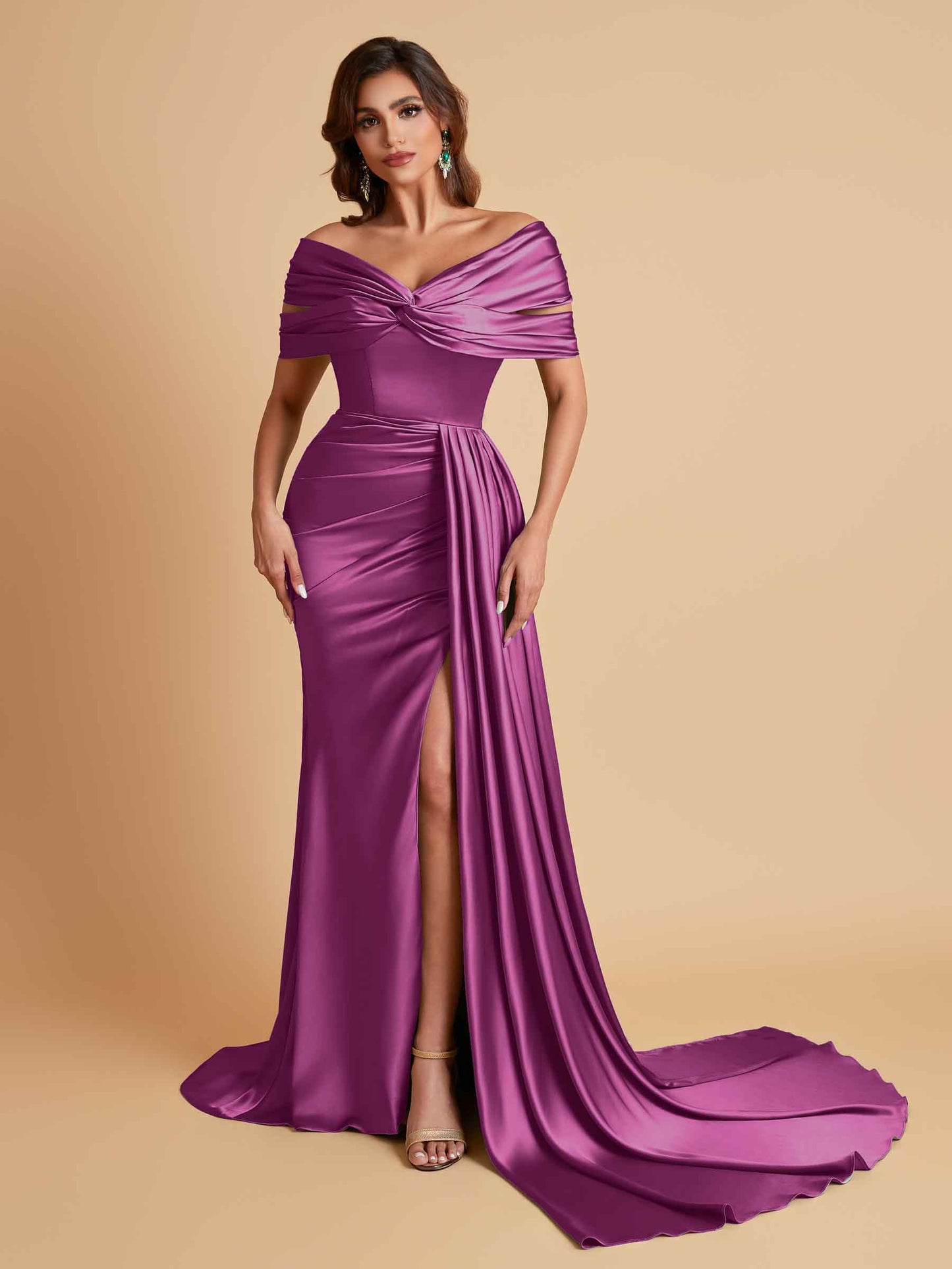 Elegant Soft Satin V-neck Off-the-Shoulder Side-Slit Mermaid Bridesmaid Dresses