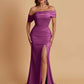 Elegant Soft Satin Mermaid Off Shoulder Asymmetrical Side Slit Floor-Length Bridesmaid Dresses