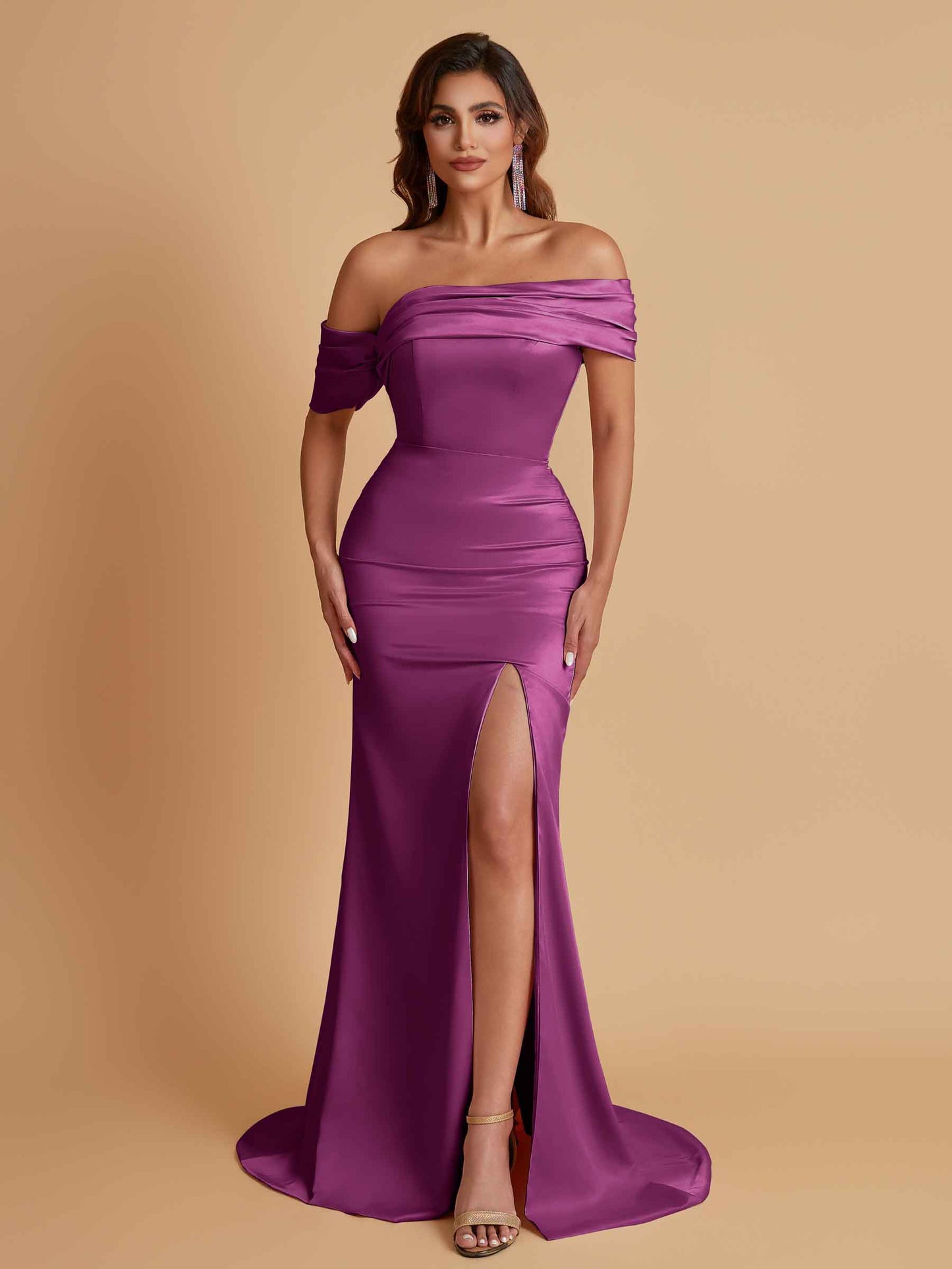 Elegant Soft Satin Mermaid Off Shoulder Asymmetrical Side Slit Floor-Length Bridesmaid Dresses
