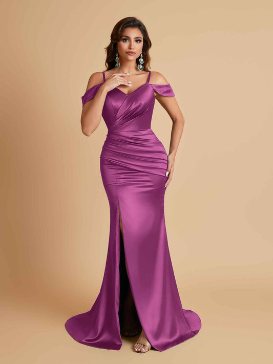 Sexy Soft Satin Mermaid Off Shoulder Side Slit Floor-Length Mermaid Bridesmaid Dresses