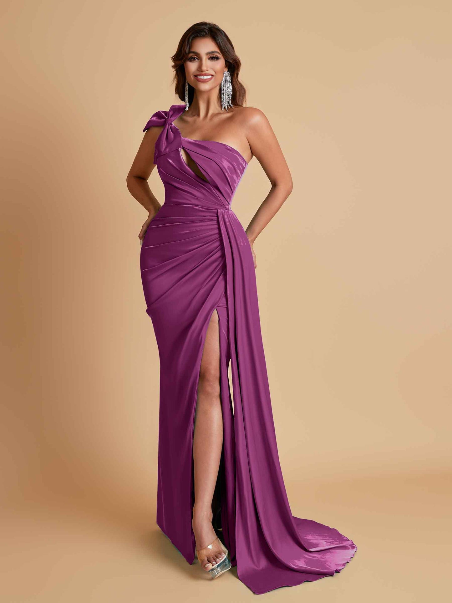 Gorgeous One Shoulder Bow Knot Soft Satin Side Slit Floor-Length Mermaid Bridesmaid Dresses