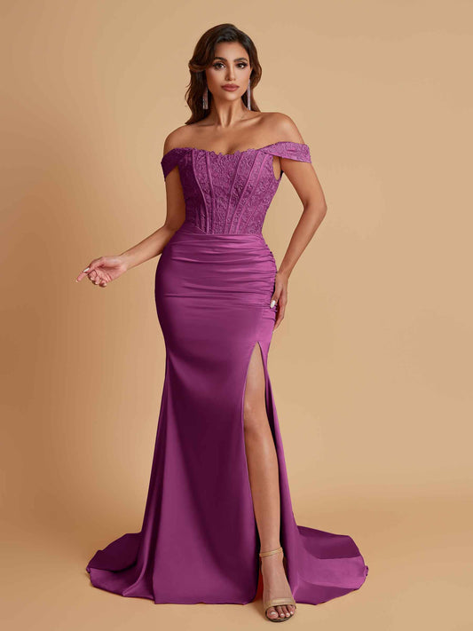 Elegant Soft Satin Mermaid Off Shoulder Side Slit Floor-Length Mermaid Bridesmaid Dresses