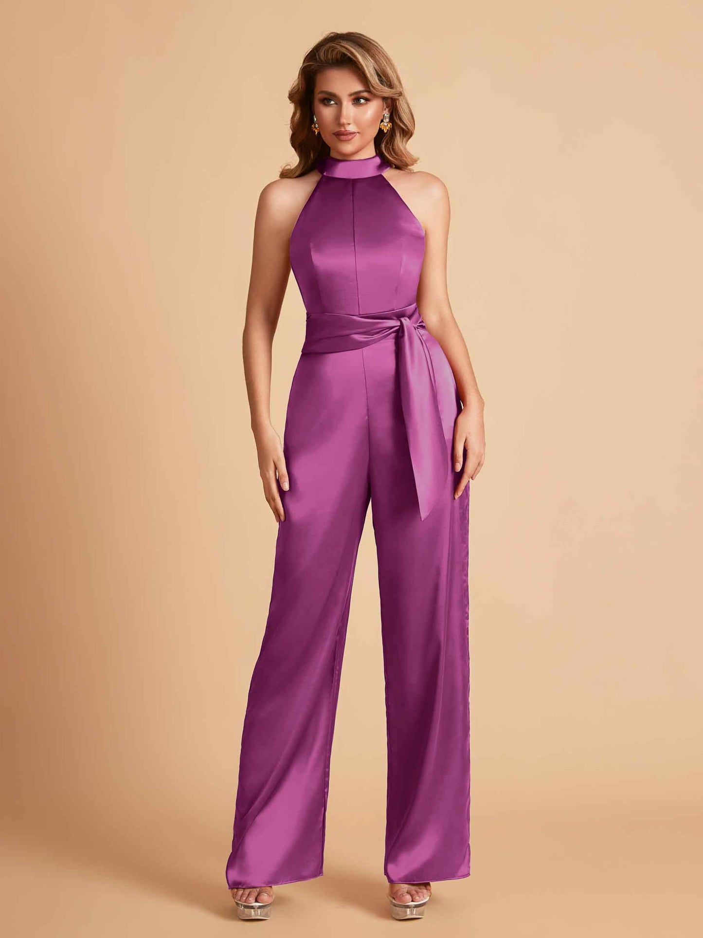Elegant Satin Halter Sleeveless Satin Floor Length Bridesmaid Jumpsuit