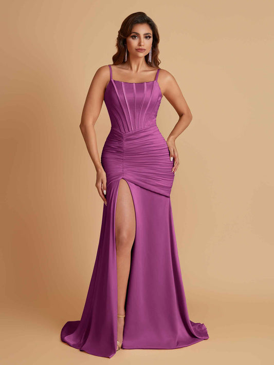 Sexy Soft Satin Mermaid Spaghetti Straps Side Slit Floor-Length Bridesmaid Dresses