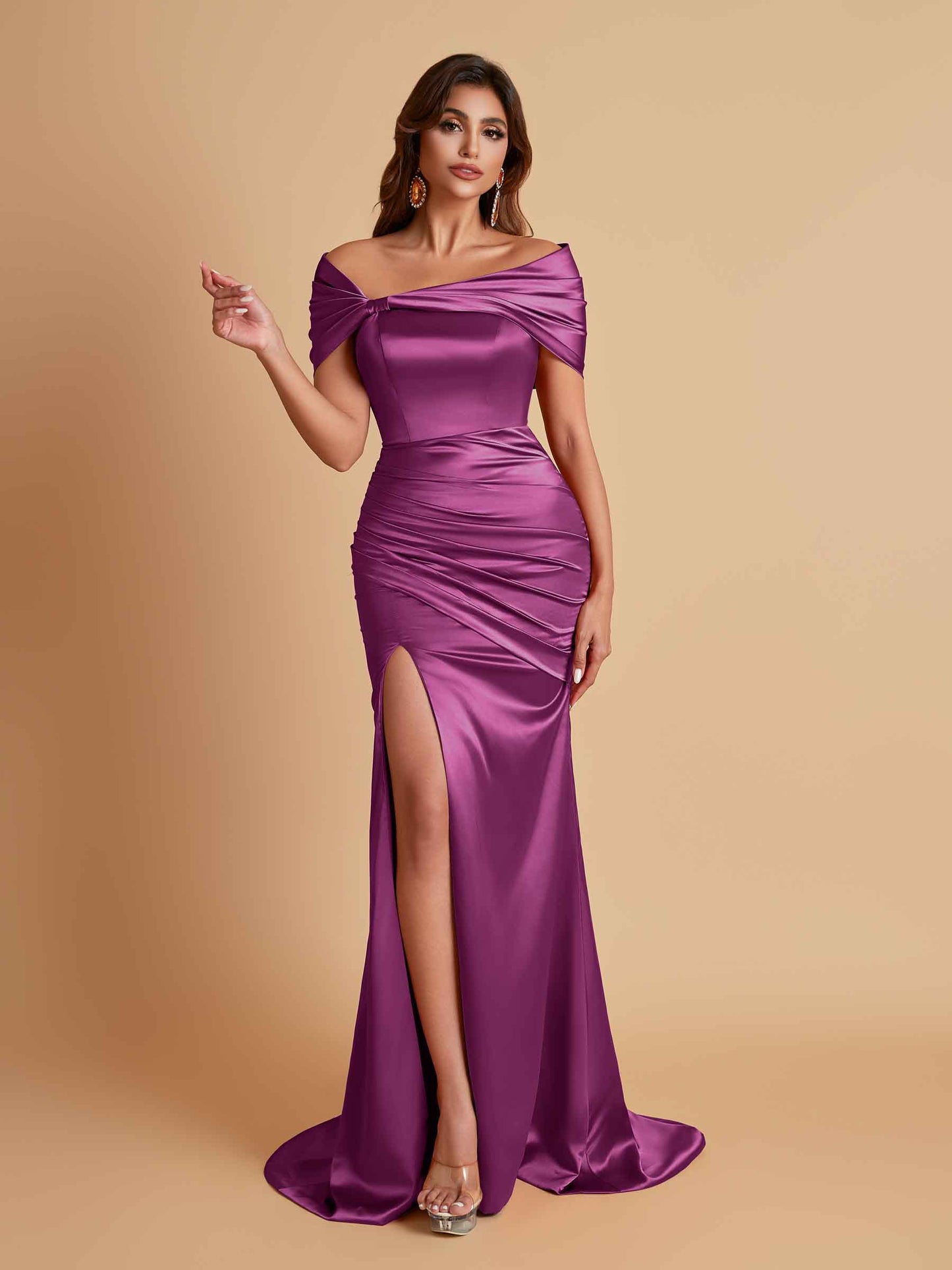 Elegant Soft Satin Off-the-shoulder Side-Slit Mermaid Bridesmaid Dresses