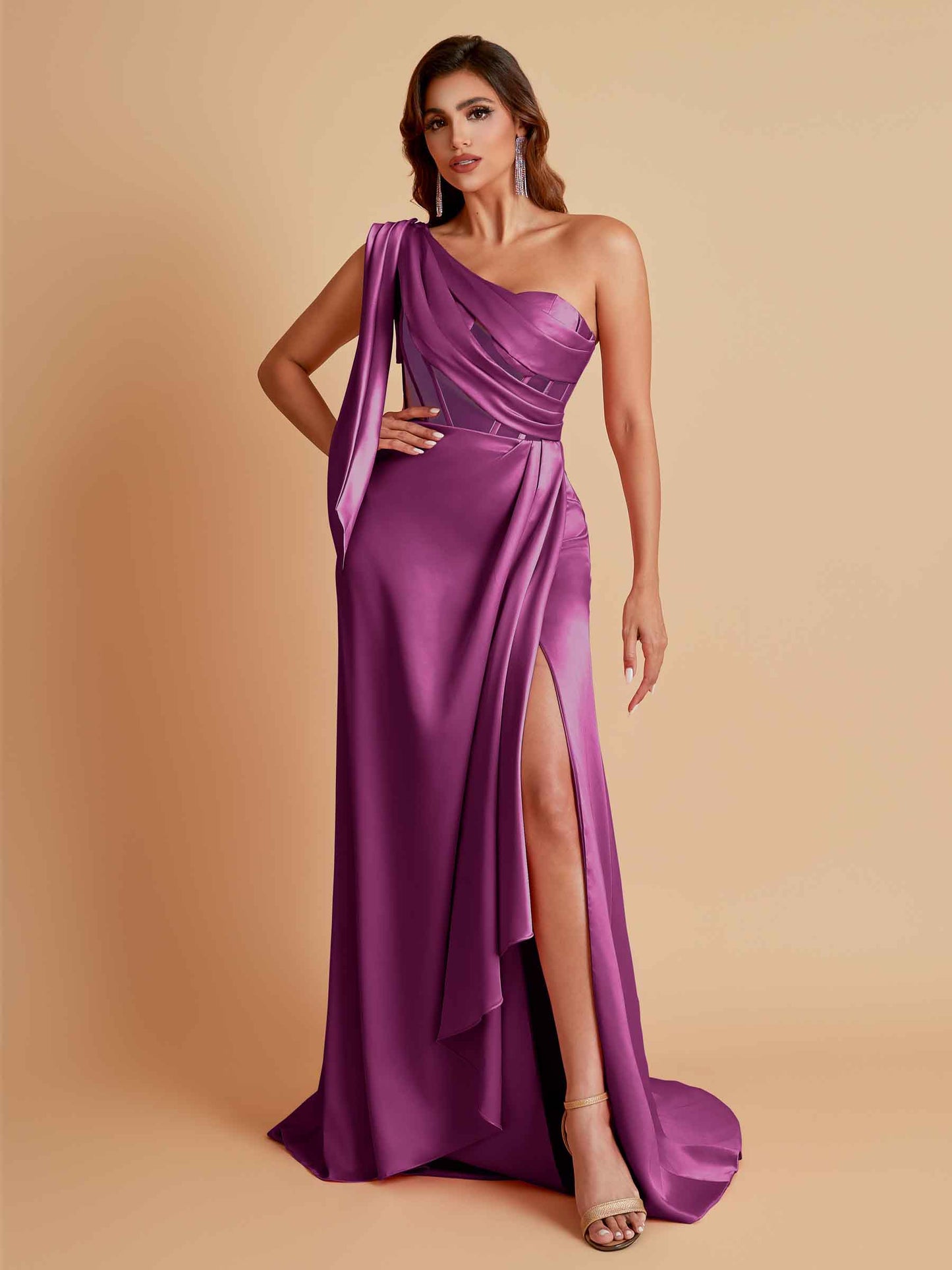 Sexy Soft Satin Mermaid One Shoulder Asymmetrical Side Slit Floor-Length Bridesmaid Dresses